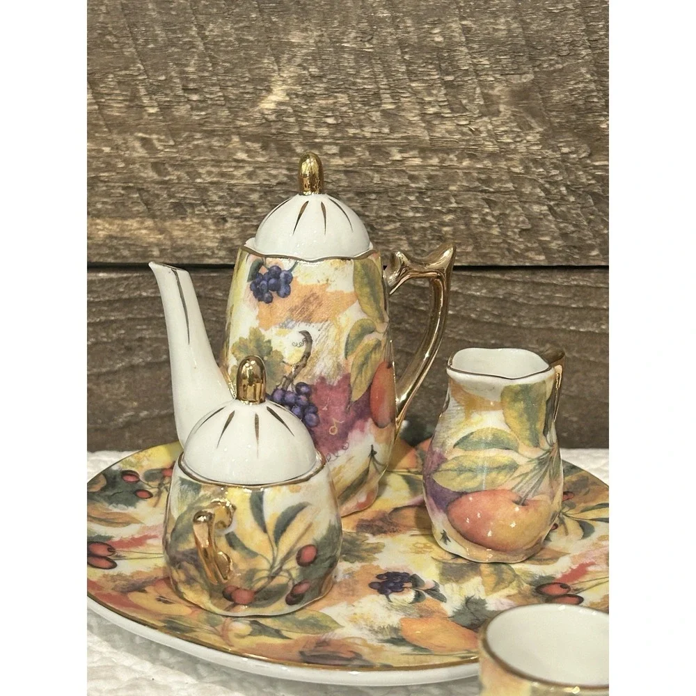 Vintage Miniature 10 Piece Chinese Porcelain Tea Set Fruit Design Gold Trim EUC‎